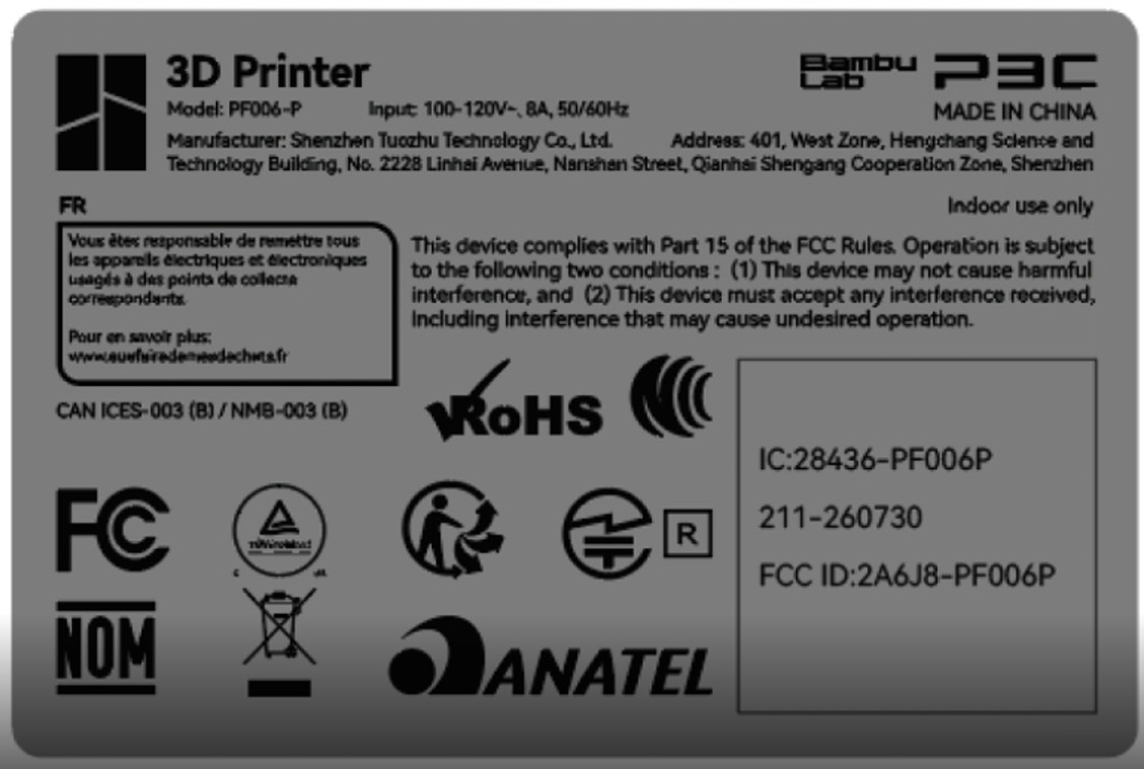 Bambu Lab P3C: a new model appears in FCC records